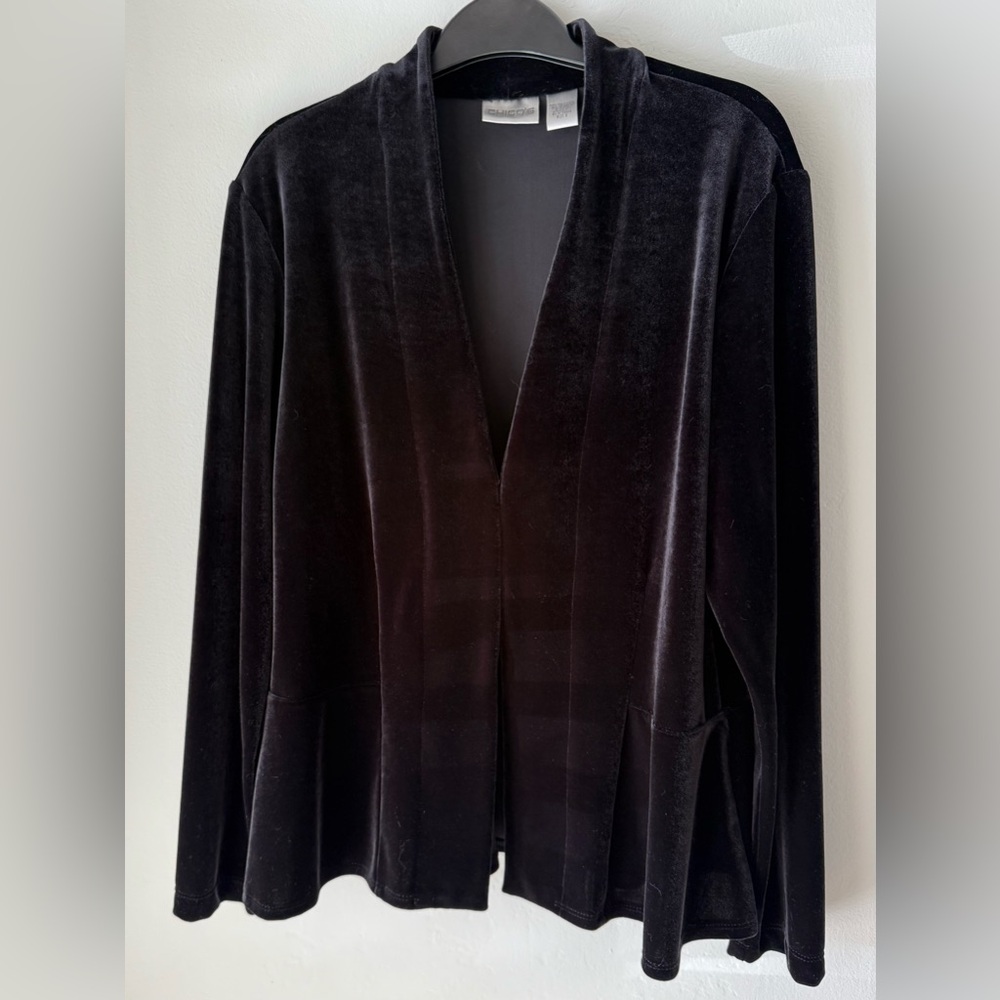 Chico’s elegant black velvet peplum drapey cardigan with hook and eye closure